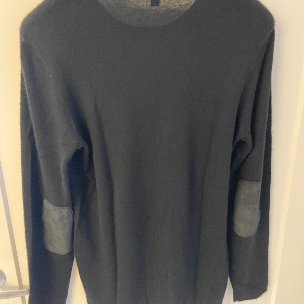 John Varvatos Men's black  Crewneck Sweater with leather elbow patches. - Picture 2 of 8